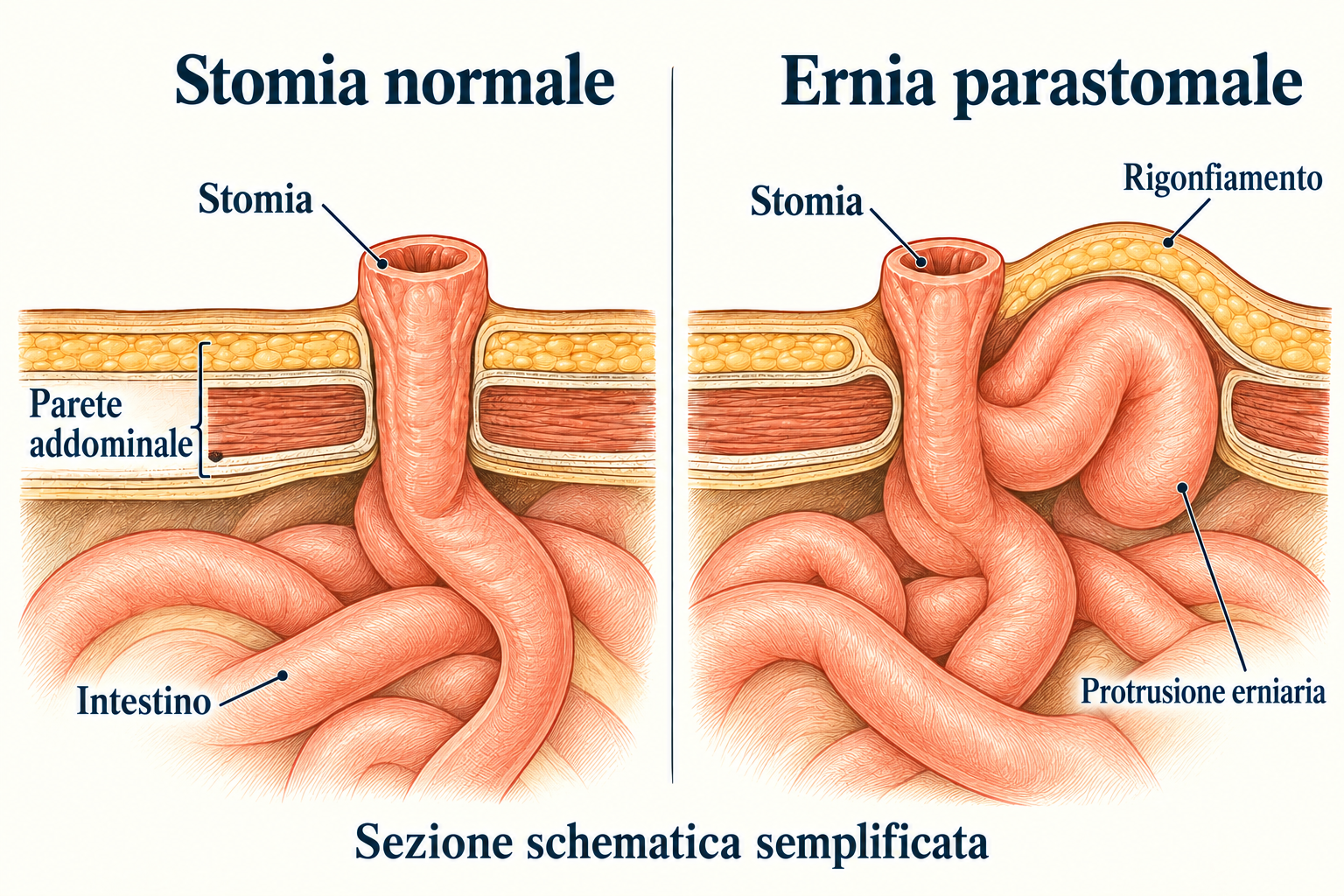 Confronto schematico in sezione tra una stomia normale e un’ernia parastomale, con protrusione dell’intestino e rigonfiamento accanto alla stomia.