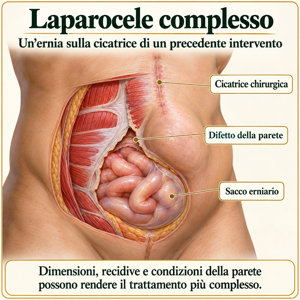 Illustrazione didattica del laparocele complesso e della parete addominale