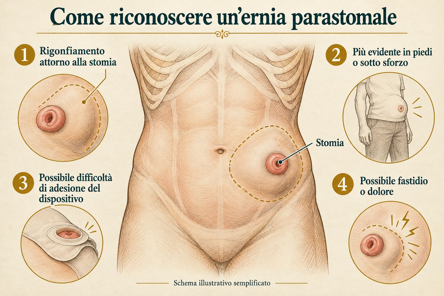 Schema dei segni dell’ernia parastomale: rigonfiamento intorno alla stomia, più evidente in piedi o sotto sforzo, difficoltà di adesione del dispositivo e possibile fastidio o dolore.